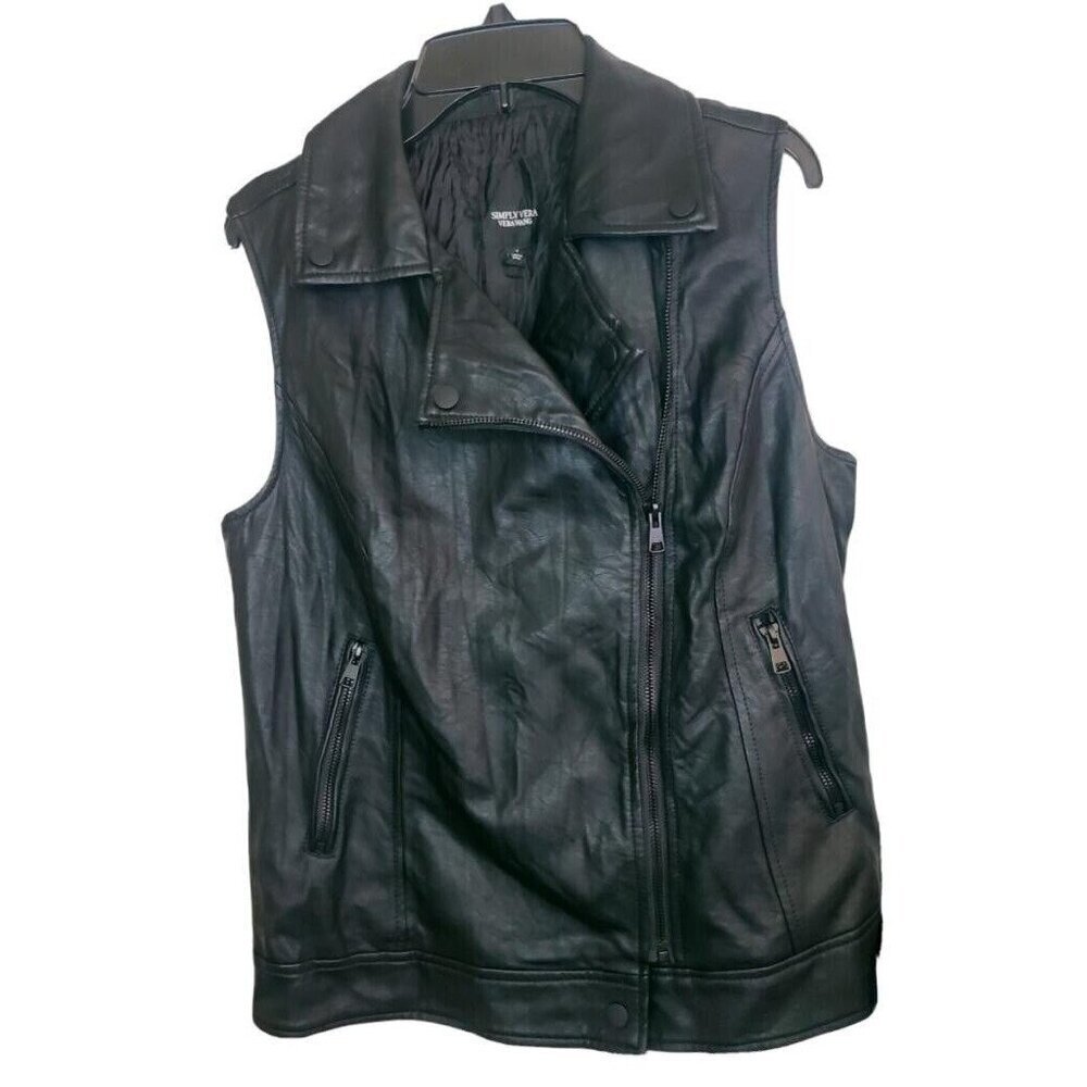 Simply Vera size S Black Faux Leather Zip Front Vest Women Pre-Owned (C7)